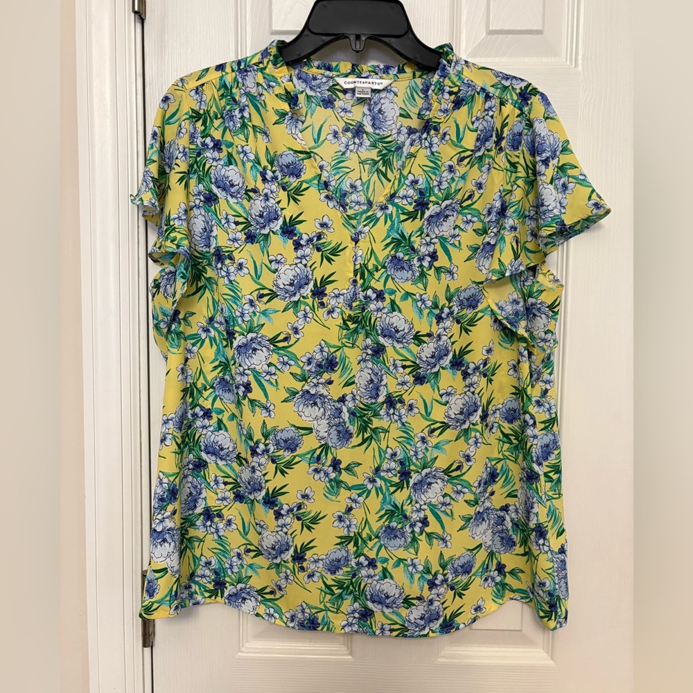 Yellow and Blue Floral Ruffle Sleeve Blouse